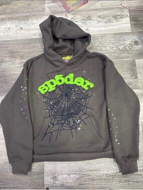 Gray Spider Web Hoodie with Neon Green Logo